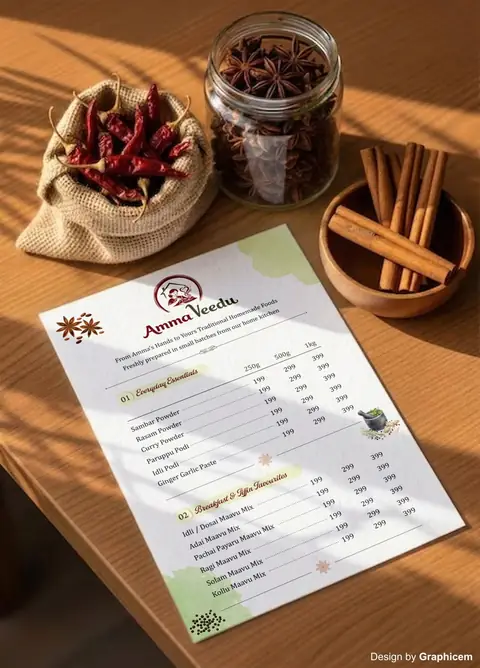 amma veedu - Menu Card Design by Graphicem, Madurai